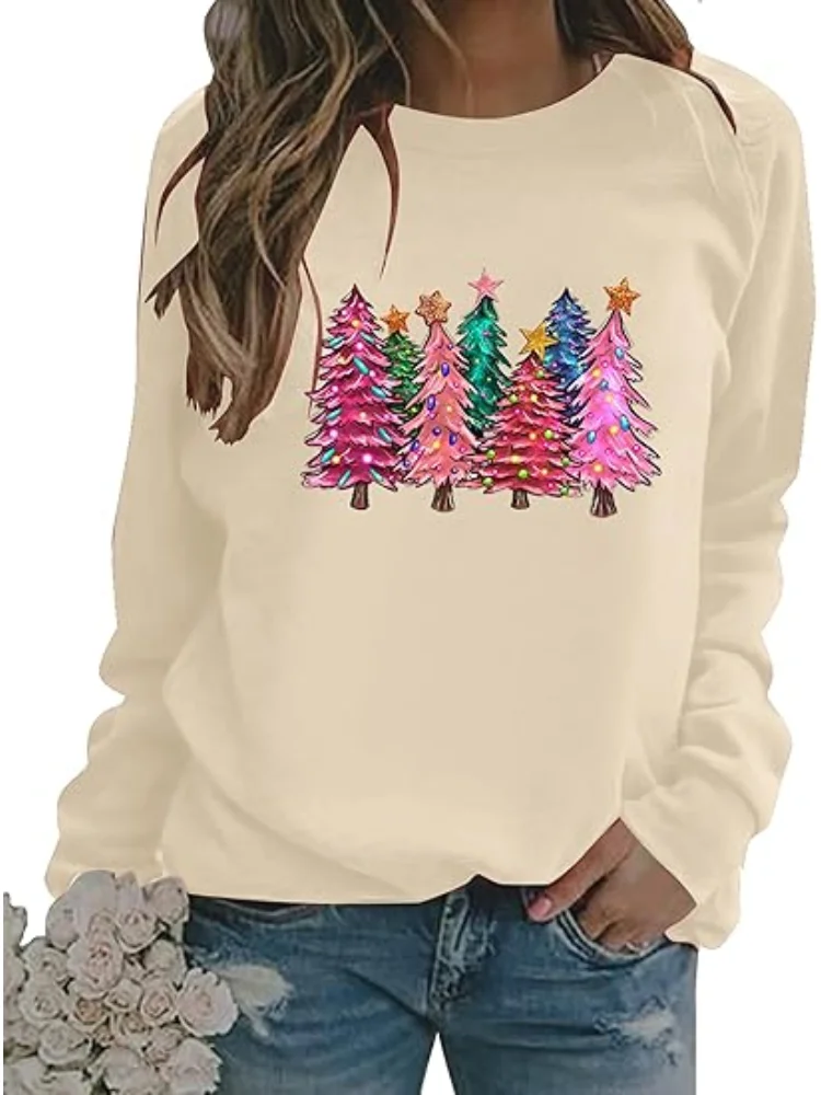 المرأة الملونة شجرة عيد الميلاد بلوزات عيد الميلاد الجرافيك قميص عيد الميلاد عطلة حزب طويلة الأكمام البلوز بلوزة