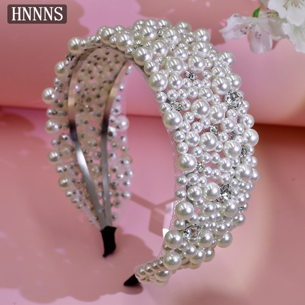 

HNNNS Handmade Pearl Headband Mesh Wide Brimmed Headdress Elegant Bridal Headpiece Wedding Banquet Party Hair Accessories A210