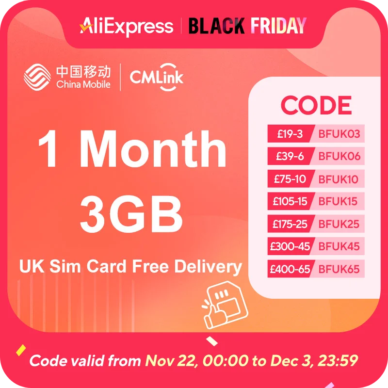 CMLink UK Sim Card 3GB Data, Shared 1.5GB Roaming Data，1000 Mins International Calls &Local Calls, Monthly Plan for ￡6