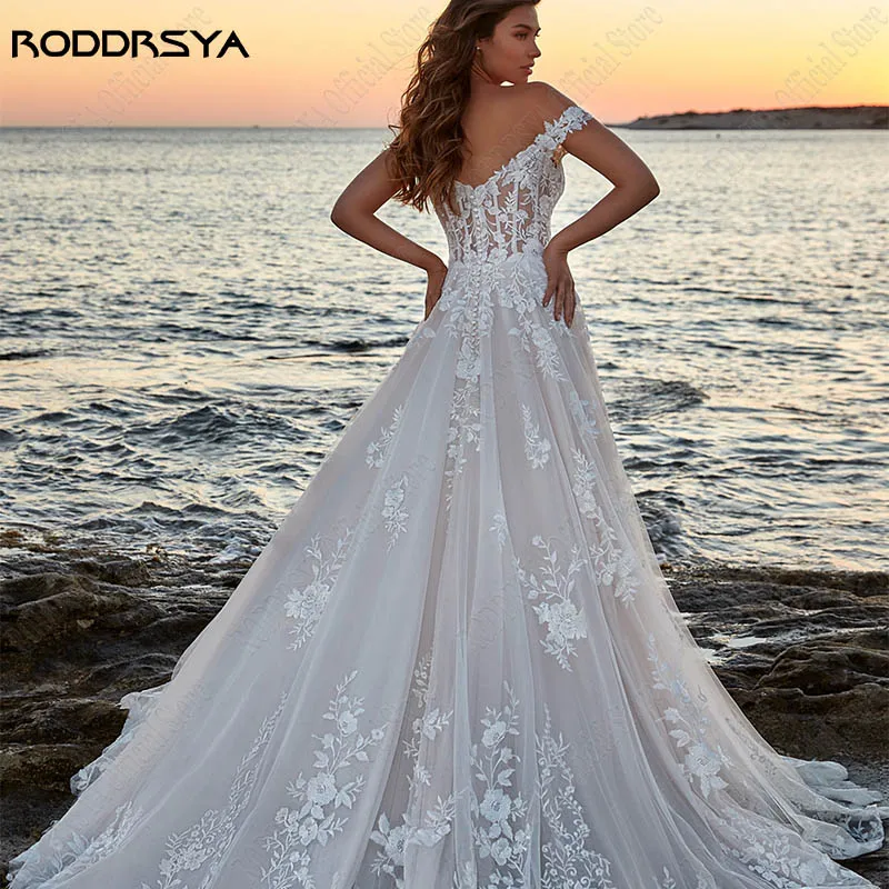 RODDRSYA-vestidos de novia con hombros descubiertos, ropa de novia con apliques, línea de tul, para playa, con botones traseros