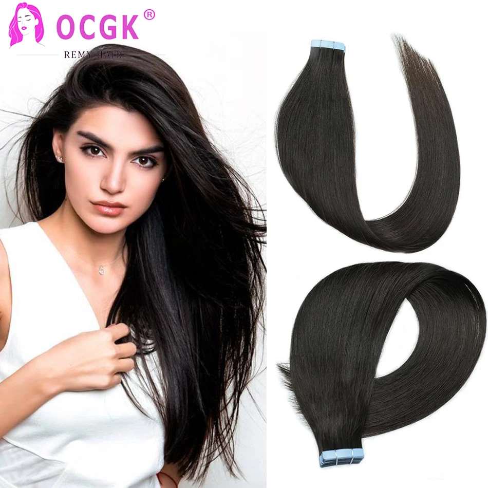 OCGK Tape In Human Hair Extensions Straight European Remy Human Hair 12-26Inch Adhesive Glue On Hair Extensions Blonde Ombre