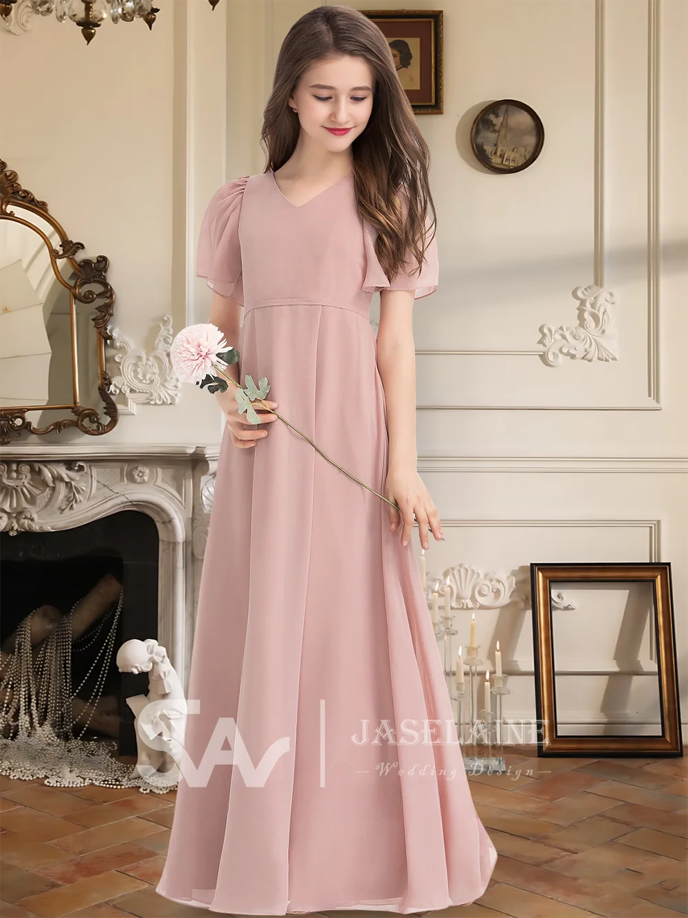 فستان أنيق للأطفال على شكل حرف V ورقبة على شكل حرف V بطول الأرض من الشيفون لوصيفة العروس مع حزام فستان فتاة الزهور لحفلات الزفاف الرسمية