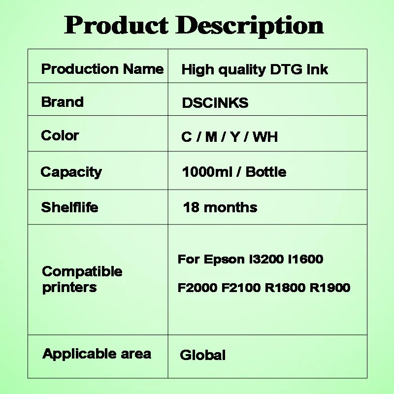 Imagem -03 - Dtg Tinta de Tinta Têxtil Adequado para Epson F2000 F2100 L1800 I3200 R1900 R2000 R3000 Dx6 Dx5 Dx7 Dx8 Impressora 1000ml Alta Qualidade