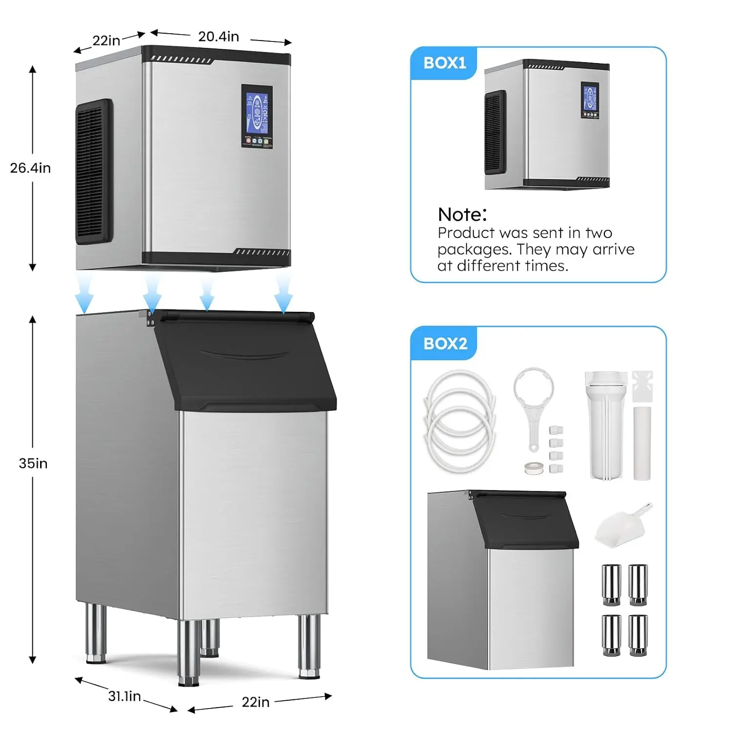 Commercial Ice Machine 920LBS/24H,Storage 550LBS,Large Industrial Ice Maker,Ice Ready in 5-15min,with Self-Cleaning Mode,with Timing Function,30 Levels of Ice Thickness Adjustment,Stainless Steel
