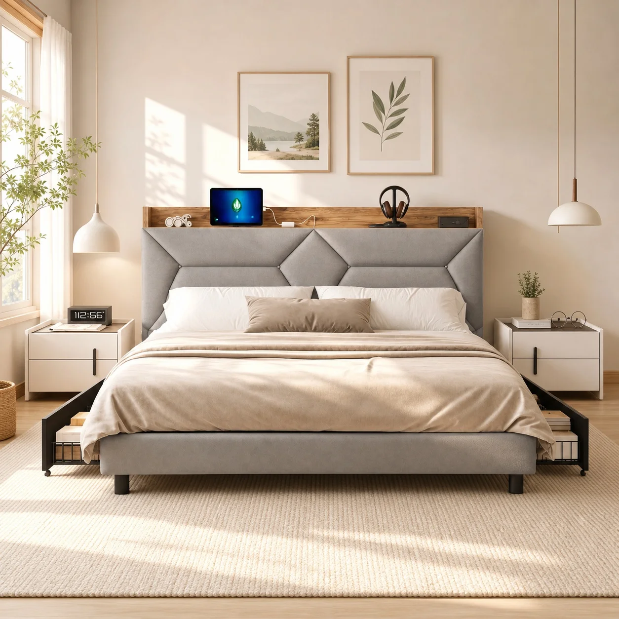 Cama tapizada en tela gris de 160x200 cm con 4 cajones, cabecero con USB y estante oculto extraíble, marco metálico resistente y base de lamas, diseño moderno de interior