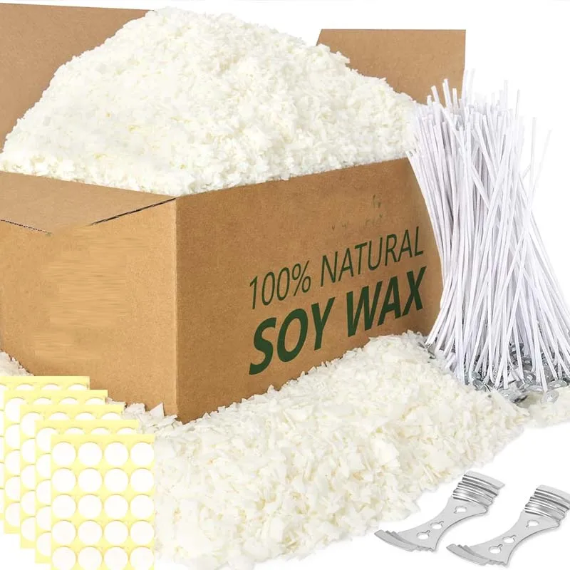 Sojakerzenwachs für die Kerzenherstellung, 200 g natürliche Sojawachsflocken, 50 Baumwollkerzendochte, 100 Dochtaufkleber und 2 Zentriergeräte