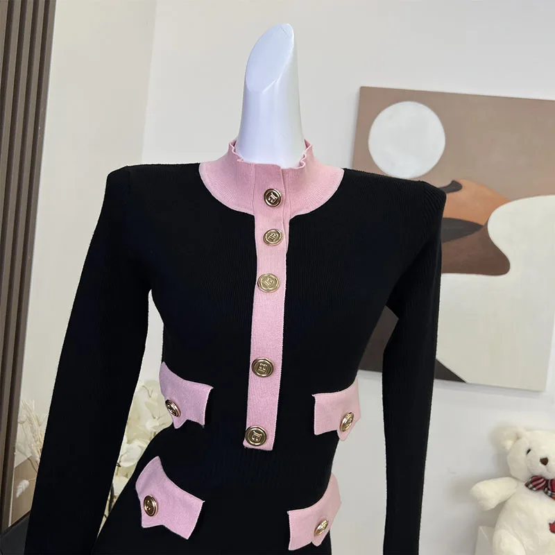 French Style Elegant Long Sleeve Patchwork Dresses 2023 Women Vintage Midi Classic Knitted Dress