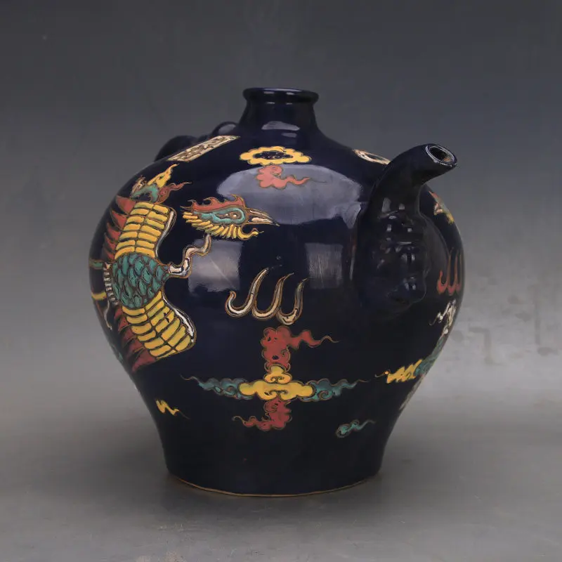 Yuan Dynasty Sacrificial Blue Glaze Stacked Flower Doucai Phoenix Dragon Handle Ewer Antique Replica Home Decor Ornament