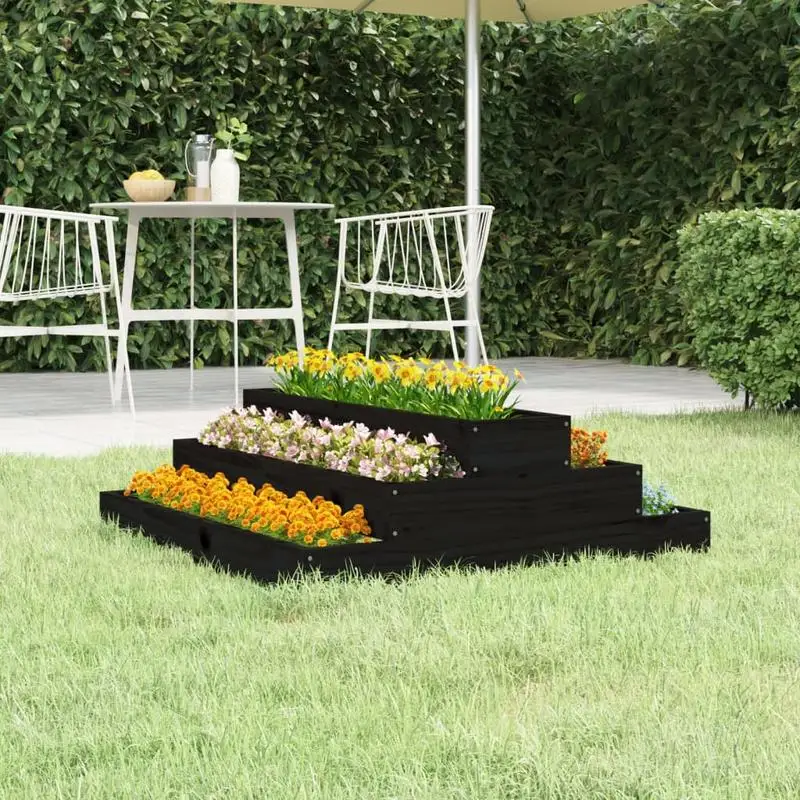 VidaXL Pflanzkübel aus massivem Kiefer, 80x80x27 cm, schwarz, ideal für Flowers & Vegetables, stufenförmiges Design