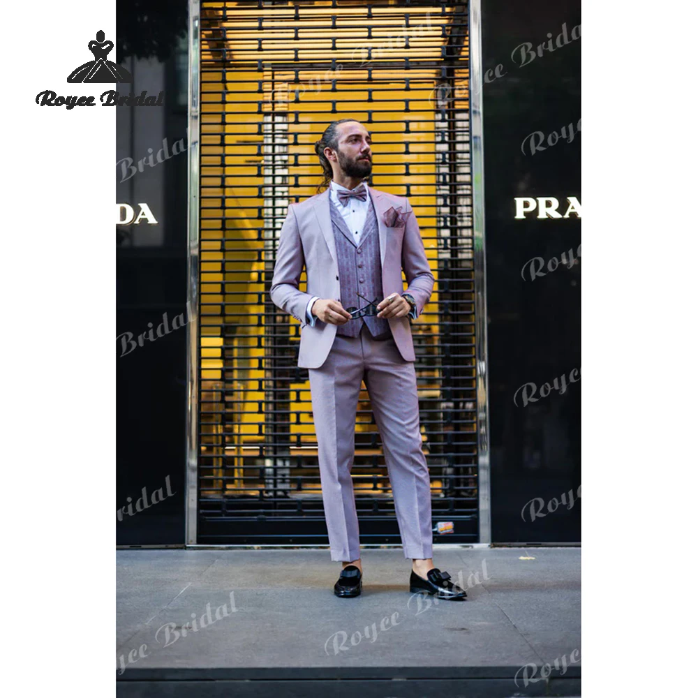 Three Piece Single Breasted Men's Wedding Suit 2026 Shawl Lapel Tuxedo Pink Slim Fit Evening Prom Suits costume homme mariage