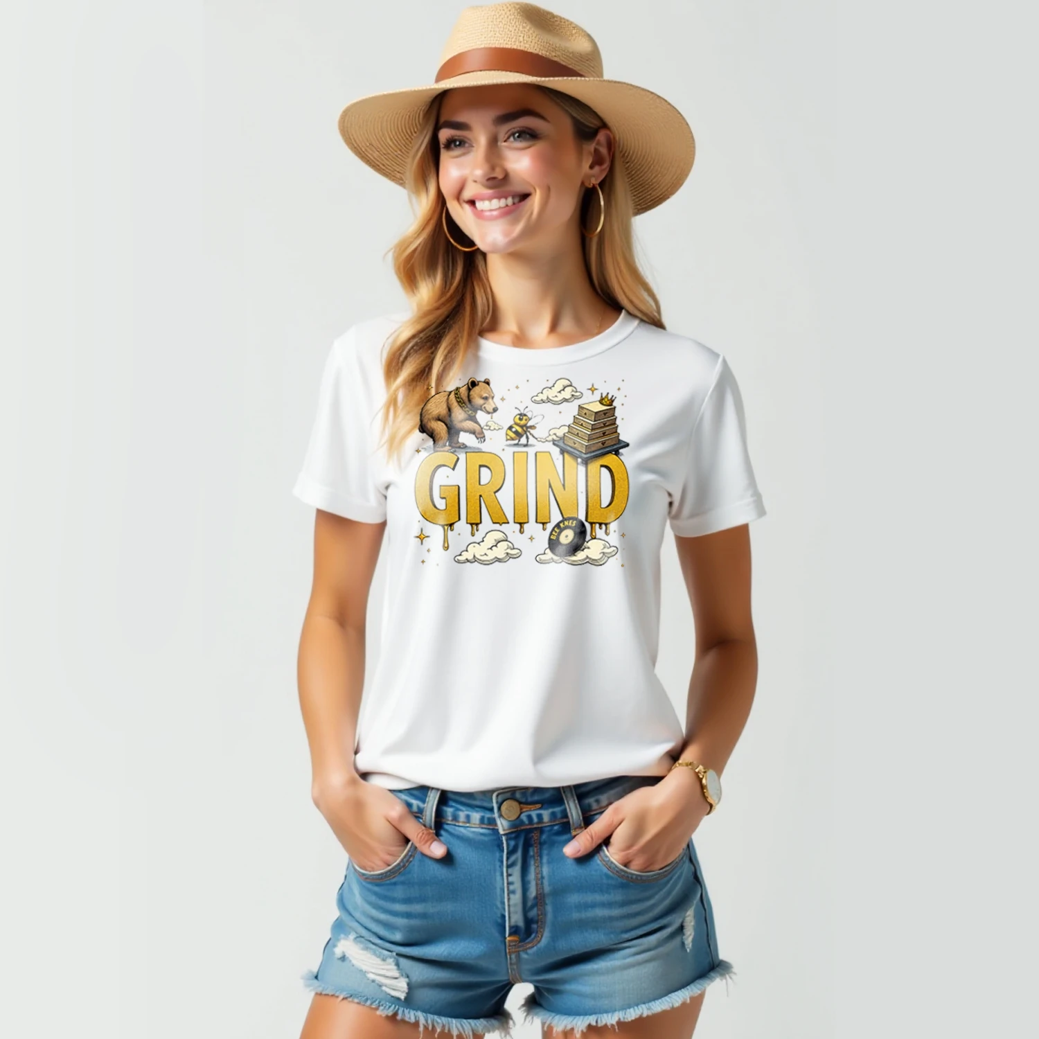 GRIND Bear Bee New Summer Cotton Female Short-Sleeved O-neck Soft T-shirt Tee Unisex Oversized Tshirt Tee Sarcas Graphic Design