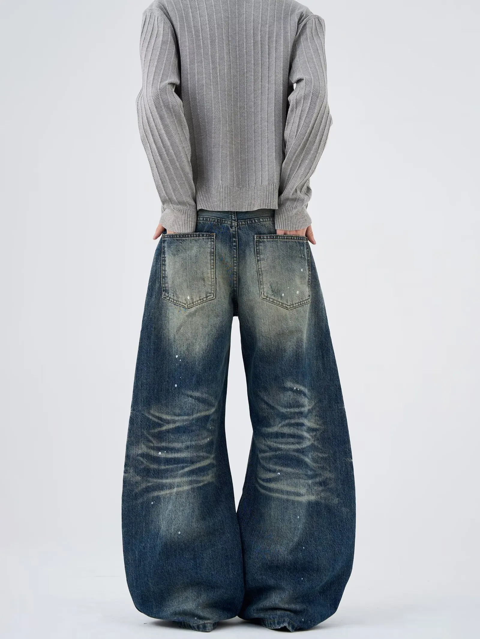 

Women's Blue Ink-Dyeed Retro Wash Pleated Jeans High Street Fashion Design Y2k American Vertical Wide-Leg Loose Jeans Trousers