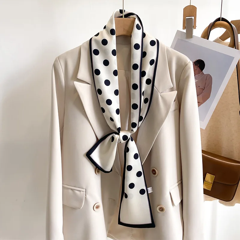 レトロ水玉プリントシルクスキニースカーフ女性ソフトサテンネッカチーフヘアバンド女性ヘッドバンドバッグスカーフ女性ネクタイオフィス