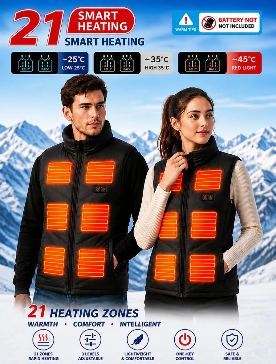 Men Women Heated Vest 21 Zones, Couple Style Winter Warm Outerwear Vest, Christmas Gift, 3 Gears Front Back Intelligent Temperature Control (Battery Not Included, Need Self-Prepare)