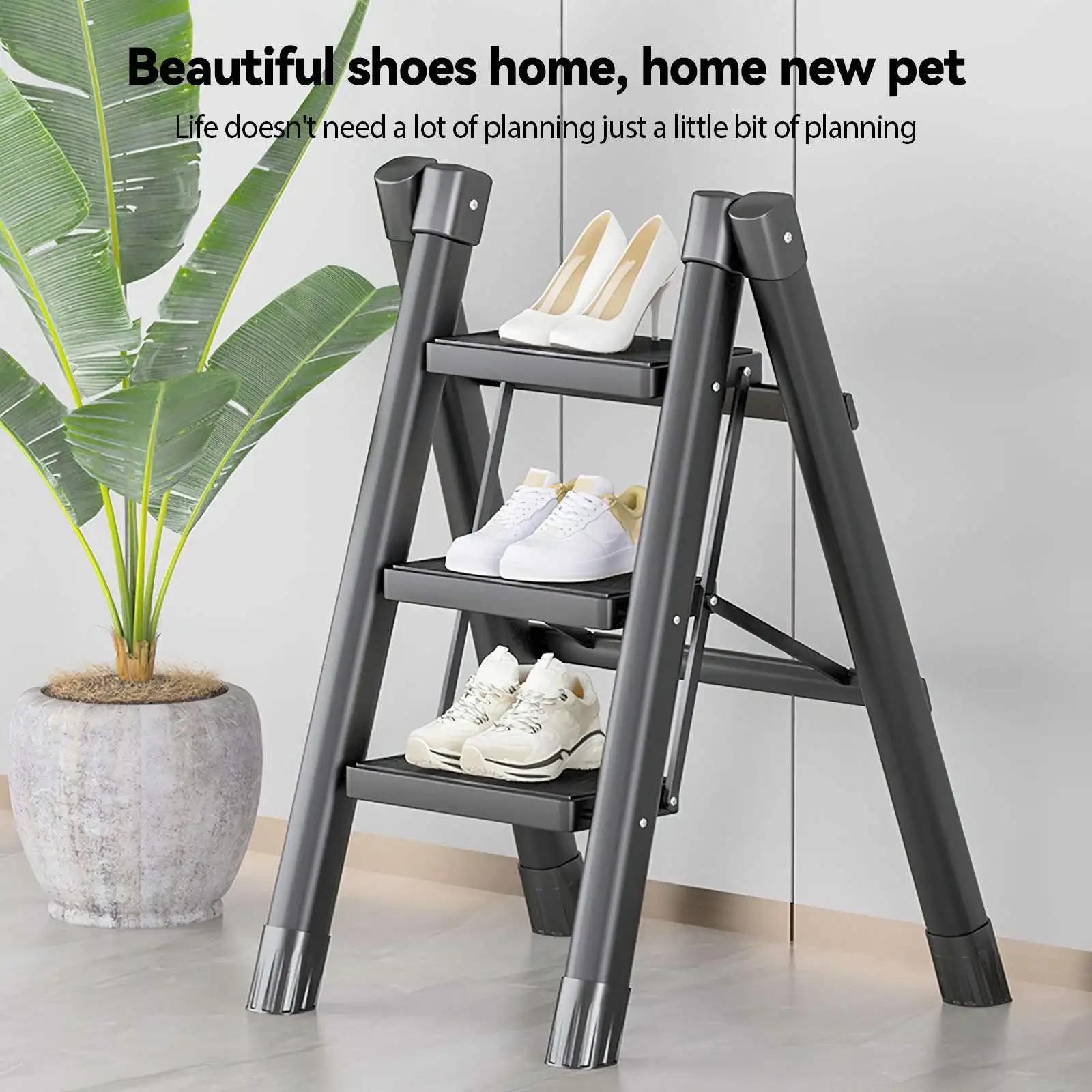 Escabeau pliant 3-en-1, chaise multifonctionnelle et support pour plantes en acier carbone robuste, capacité de 120 kg, antidérapant, pliable pour la maison, la cuisine, le garage et le rangement