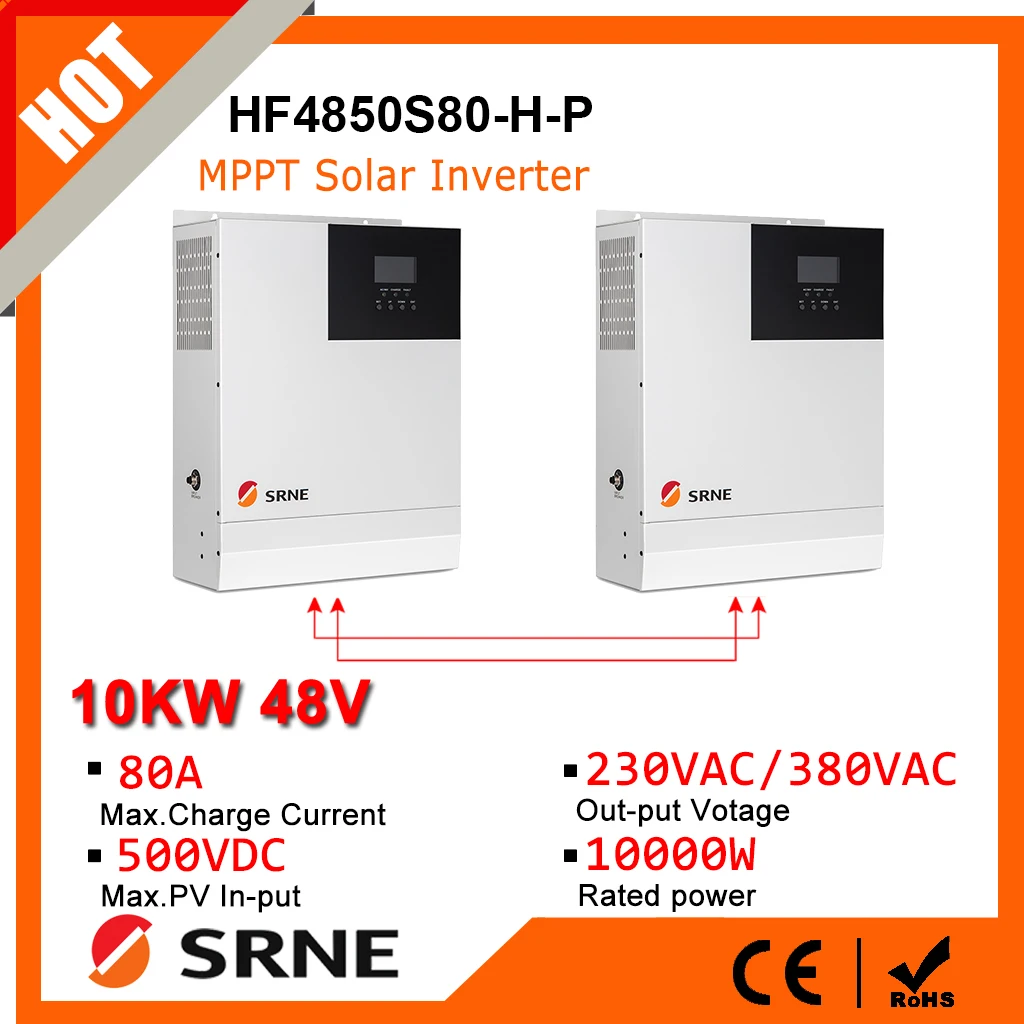 SRNE 10KW 48V 220V Inverter solare ibrido 500Vdc ingresso fotovoltaico 80A MPPT caricabatterie solare e caricabatteria onda sinusoidale pura Solar