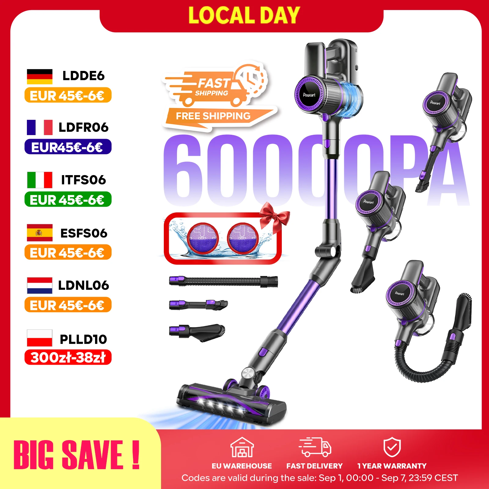 N700 Aspirapolvere Senza Fili, 60KPa, 50Min, Tazza di Raccolta Polveri da 1L, 4 Tipi di Testine di Aspirazione, Manico Pieghevole, per Pavimenti, Tapp
