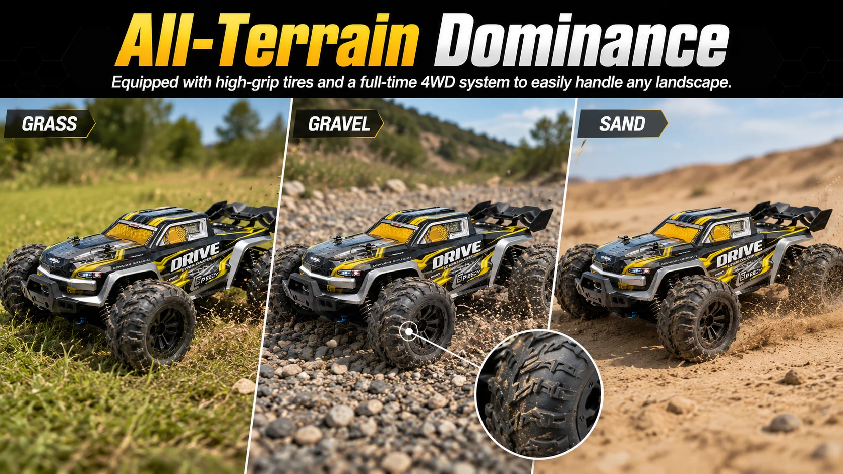 Ferngesteuertes Auto 1:16 RC Auto Offroad 4WD Allradantrieb 50 km/h 390 Hochgeschwindigkeitsmotor 35A ESC 2,4 GHz 17G Servo Metallstoßdämpfer IPX4 Spritzwassergeschützt Wheelie Bar RTR Geschenk für Kinder & Erwachsene – Detail 2