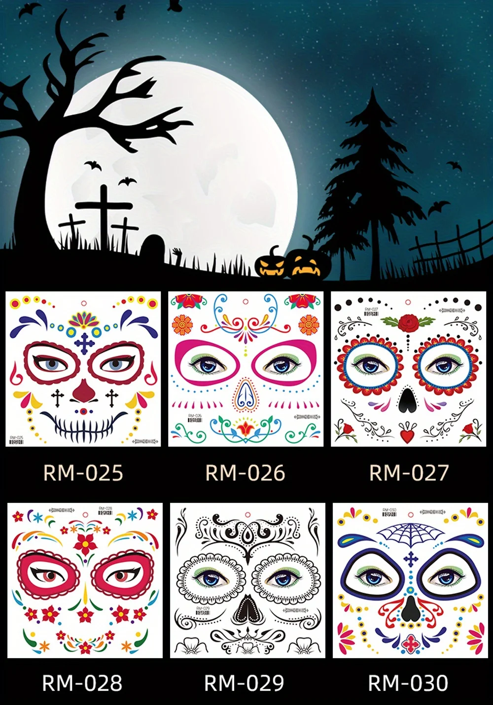 Halloween Temporäre Tattoos Aufkleber Tag der Toten La Catrina Gesicht Tattoos Schädel Wasserdichte Tattoos Aufkleber Party Make-Up Aufkleber – Detail 3