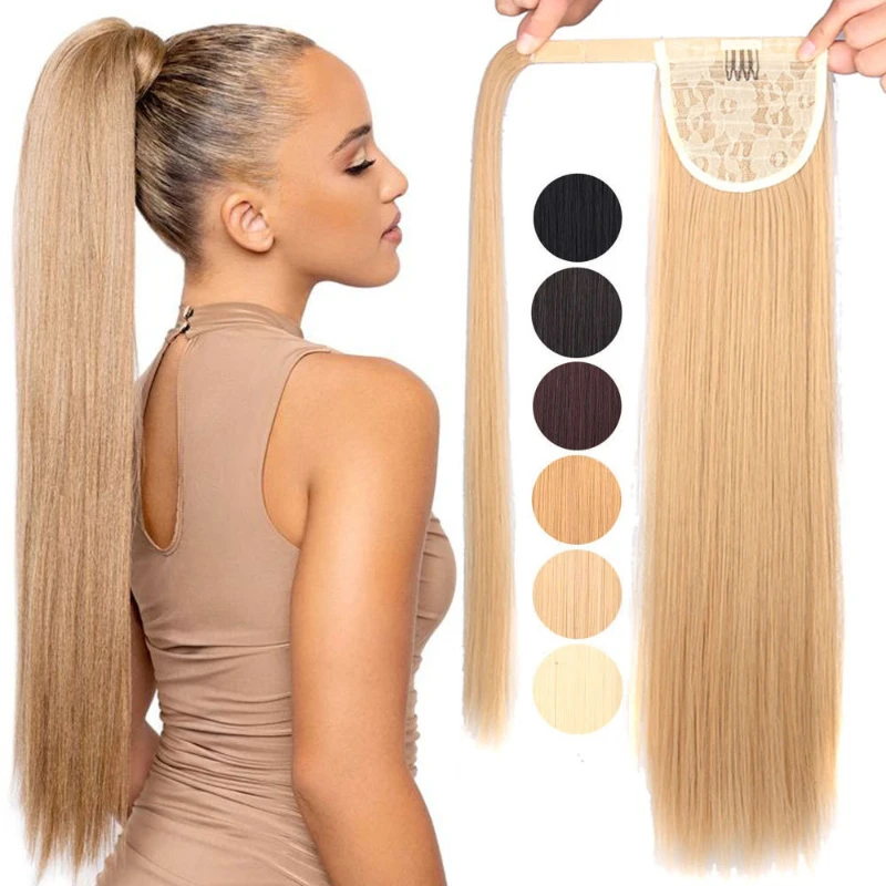 Extensions de cheveux naturels Remy avec Clip, queue de cheval, lisses, blondes, brunes, noires, 12 à 26 pouces