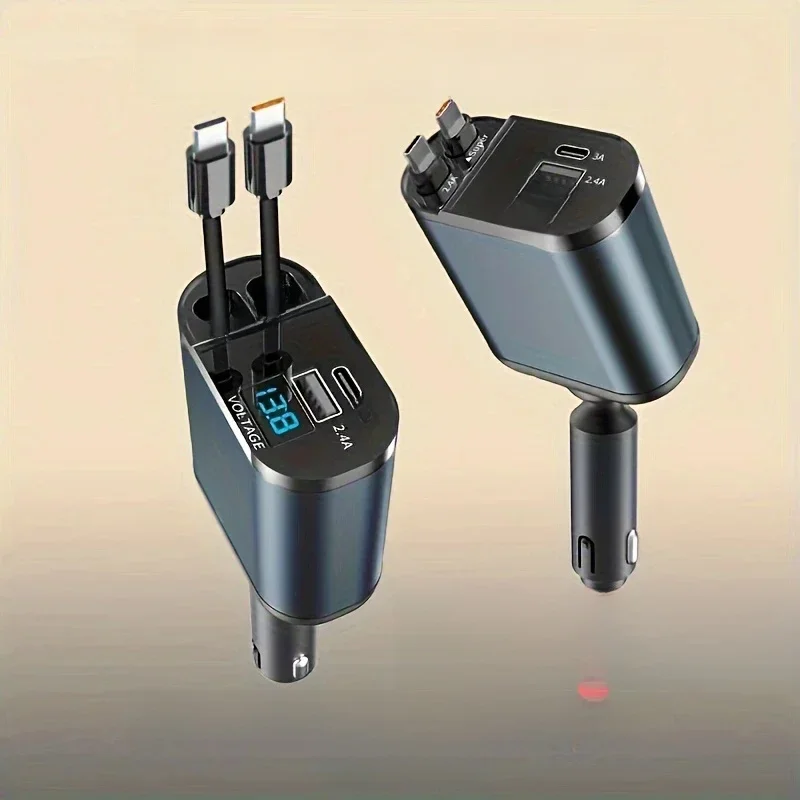 120/66w 4 IN 1 Retractable Car Charger Mobile Phone USB PD Type C Cable For iPhone Fast Charge Cord Cigarette Lighter QC Adapter