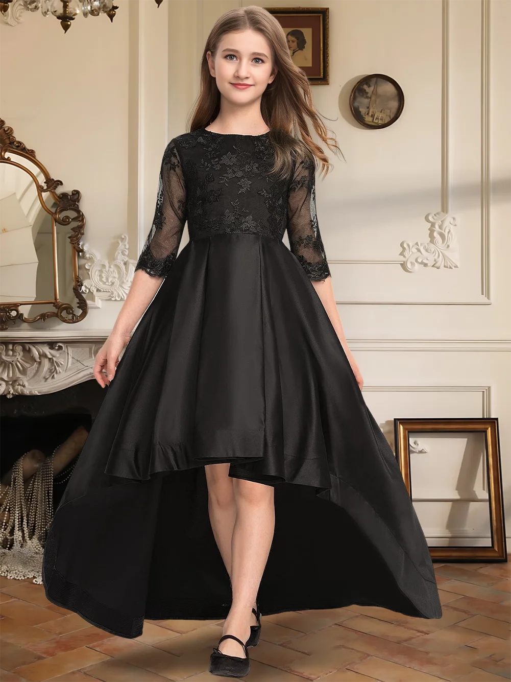 キッズAラインスクープジュニアブライズメイドドレスフラワーガールドレスハイローアシンメトリーサテンレースハーフスリーブウェディングフォーマルドレス