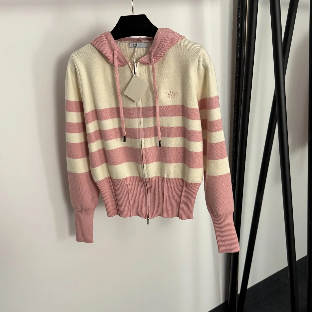 

2025 New Sweater Coat Hooded Striped Long-sleeved Fashionable Versatile Slimming Figure-hugging Spring Summer