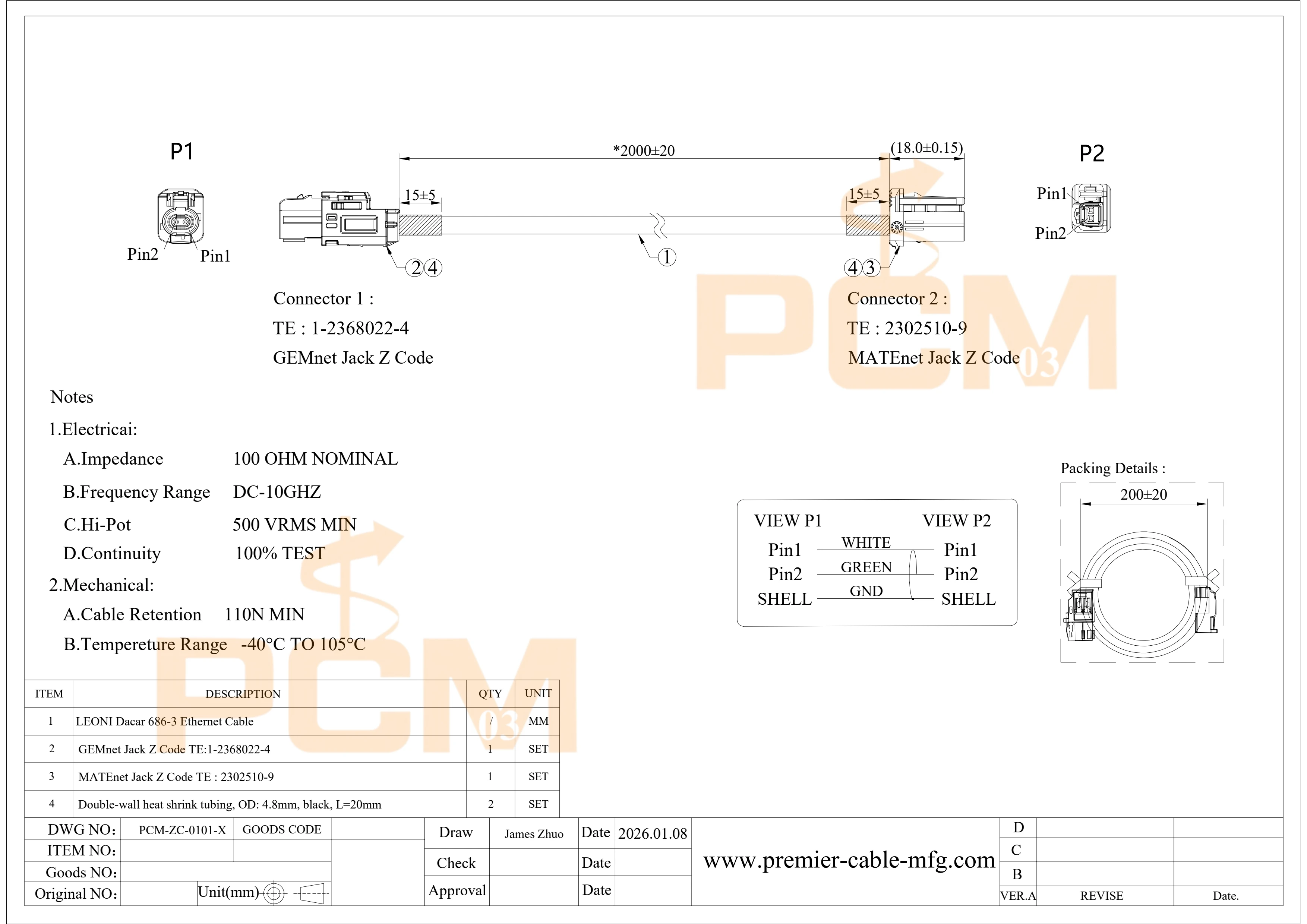 GEMnet Female 1-2368022-4 to MATEnet Jack 2302510-9 Connector Automotive Ethernet Cable LEONl Dacar 686-3 Shielded ADAS Camera