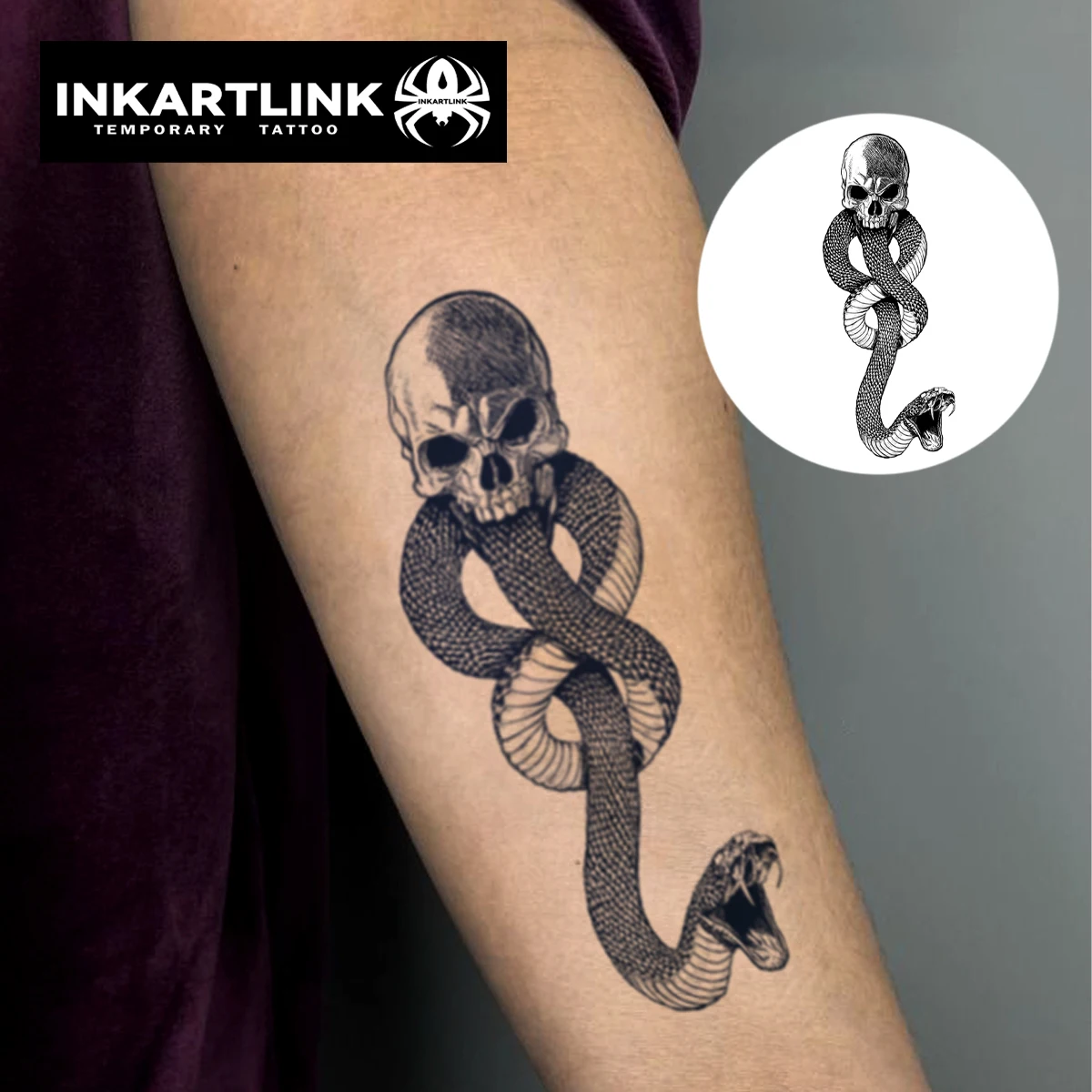 Skull Snake Head Temporary Tattoo,Lasts To 15 Days New Technology Magic Waterproof Semi Permanent Sticker