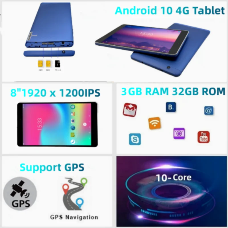 Tablette Android 10, 1920x1200 Pixels, 8 pouces, 3 go de RAM, 32 go de ROM, 10 cœurs, MTK6797, 4G, appel téléphonique, double carte SIM, WIFI, prise en charge GPS, Bluetooth