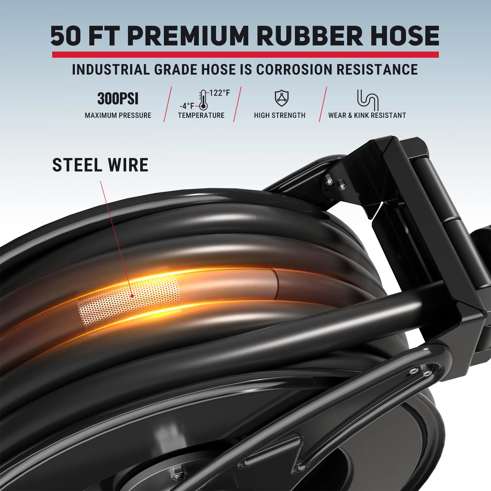 بكرة خرطوم الوقود 3/4 بوصة × 50 قدم بكرة خرطوم الديزل القابلة للسحب 300 رطل لكل بوصة مربعة حامل خرطوم زنبركي بكرة فولاذية شديدة التحمل باللون الأسود