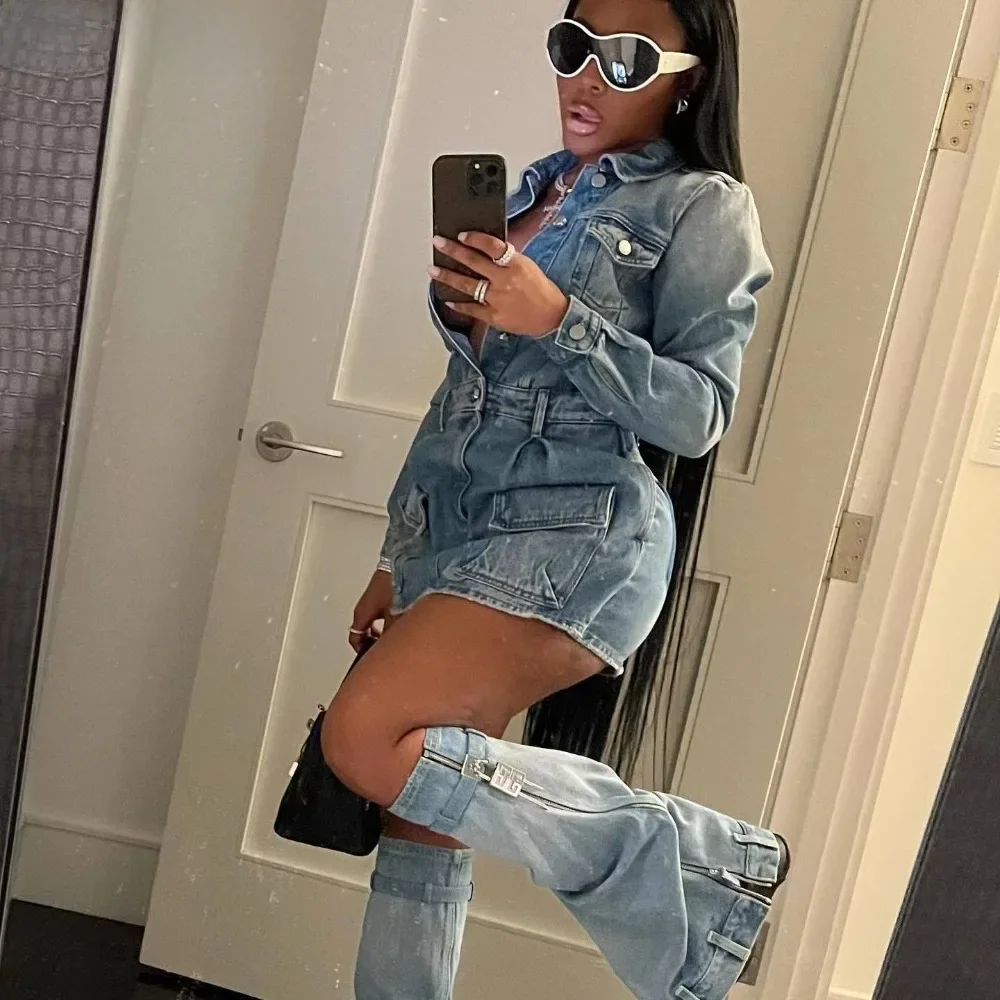 FAGADOER modny guzik z długim rękawem Denim Mini sukienka damska kołnierzyk z kieszenią z osłoną na nogę odzież damska kowbojska Vestidos — zdjęcie 2