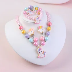 Children's Necklace Bracelet suit Cute Cartoon Unicorn Girls Necklace Student Beaded Jewelry
