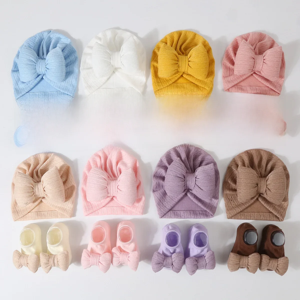 3Pcs Baby Girls Bow Cap Socks Set Baby Accessories Newborn Elastic Cotton Filled Turban Hat Short Tube Sock Infant Indian Caps — zdjęcie 2