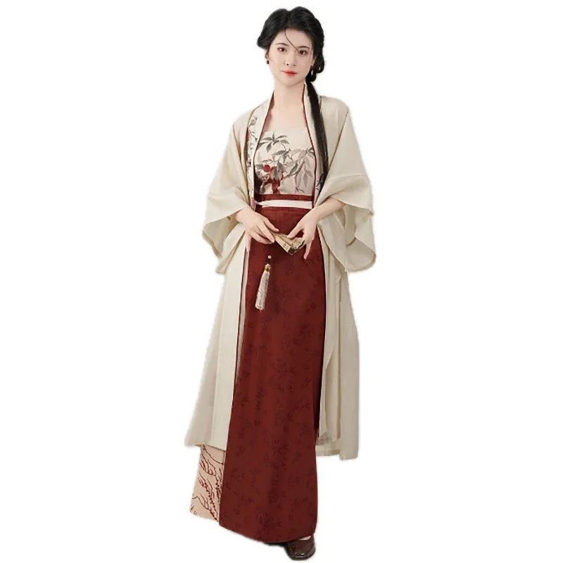 Chinese Hanfu Dress Women Cosplay Costume Vintage Ancient Song Dynasty Printed Khaki with Red 3pcs Set Party Outfit Hanfu Dress