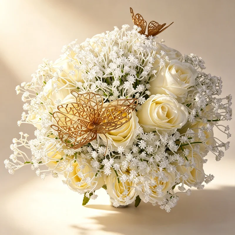 36cm Champagne Rose Artificial Flower Bouquet with Gypsophila & Gold Butterfly for Wedding Centerpiece Home Decor