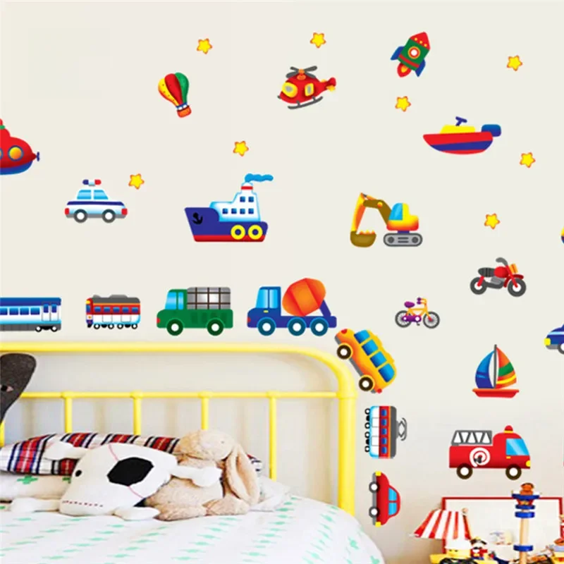 AliExpress Cartoon cars train motor bike ship transportation wall stickers for kids room decorations decals