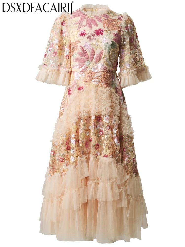 DSXDFACAIRIJ Women's O-Neck Flare Sleeves Embroidery Sequins Decorate Spring Summer Vintage New model Exquisite Dresses