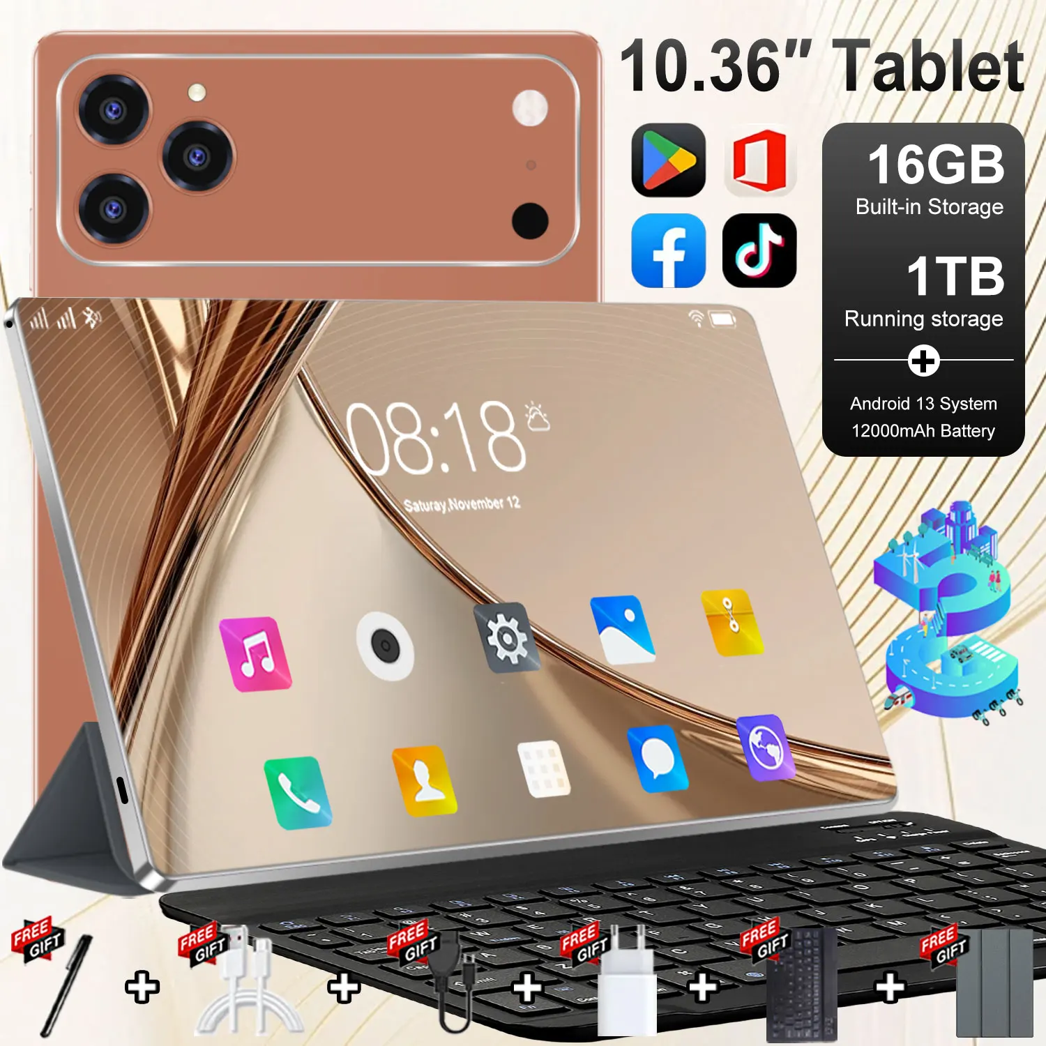 Tablette avec écran HD de 10,36 pouces, 5G, double SIM, 16 Go de RAM, 1 To de ROM, 10 cœurs, Android 13, 12000 mAh, appareil photo 16+32 MP, GPS, tablette de bureau et de jeu