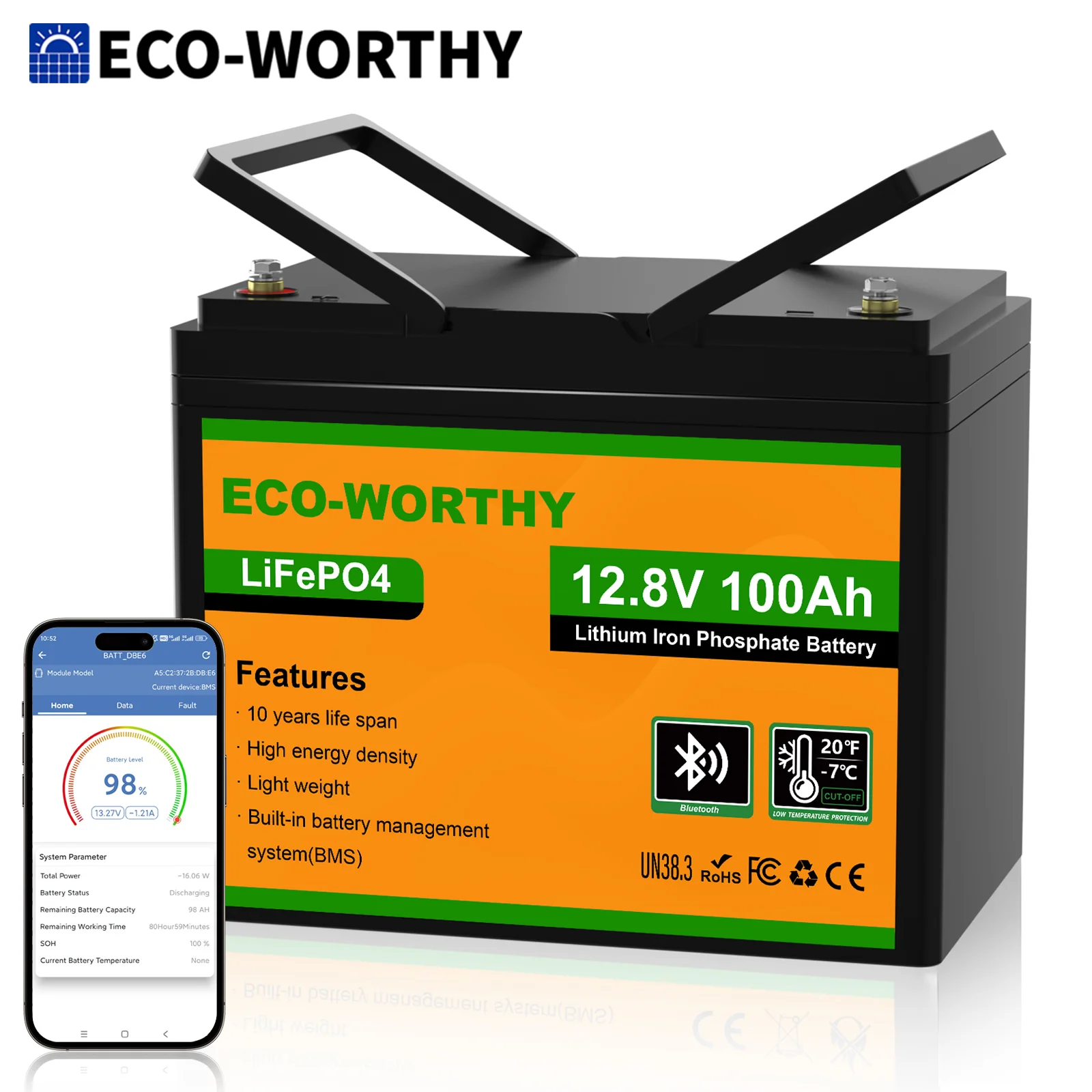 ECO-WORTHY 12V 100AH LiFePO4 Lithium Battery with Bluetooth, Max.1280Wh Energy, Low Temperature Protection for Trolling Motor RV