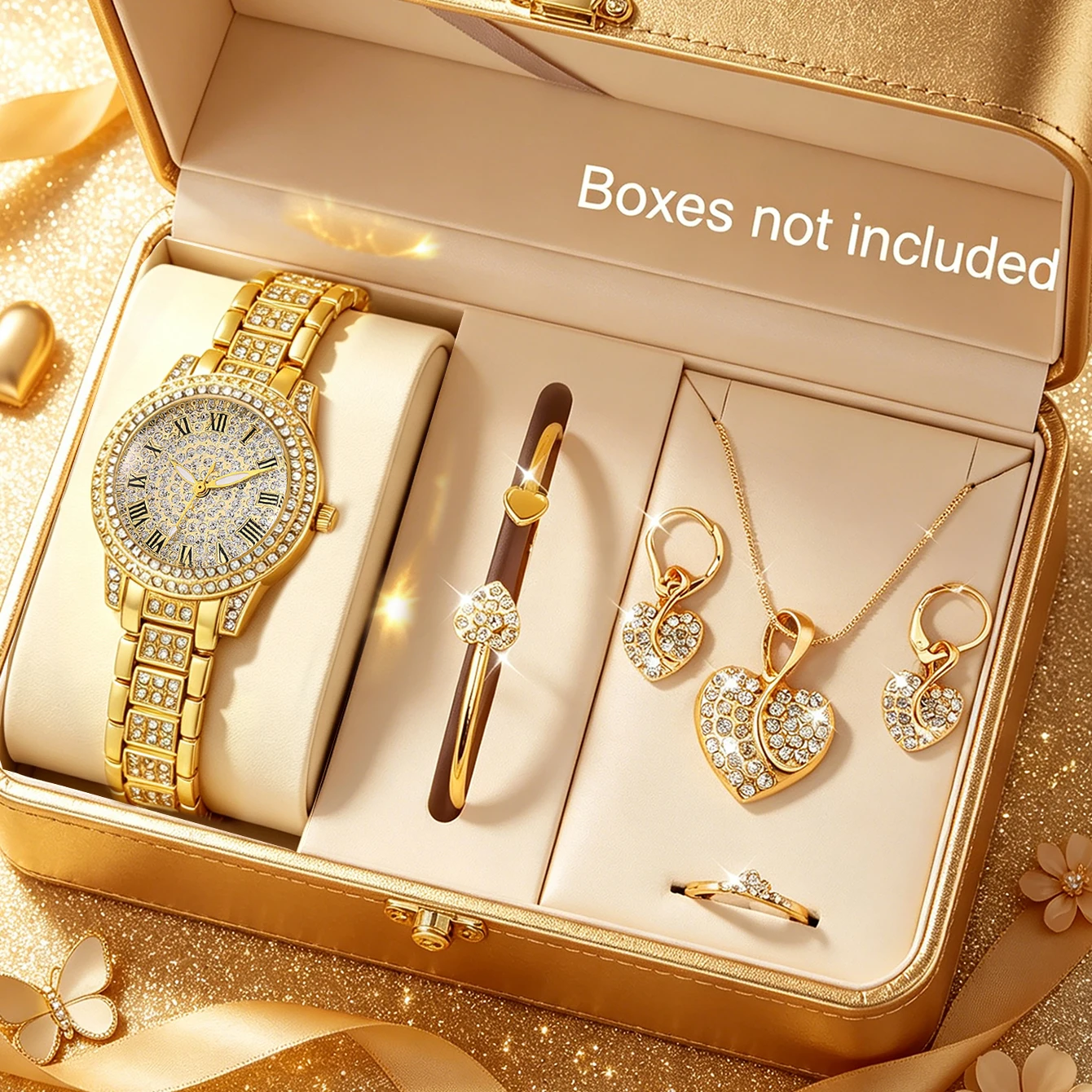 6-Piece Set of New Fashionable and Elegant Round Wristwatches for Women, Paired with a Sparkling Necklace, Earrings, Ring, and Bracelet Jewelry Set, Suitable for Daily Wear, Parties, Valentine's Day, Easter, Christmas, New Year, Halloween, Ramadan, and Also Makes a Great Gift for Family and Friends.