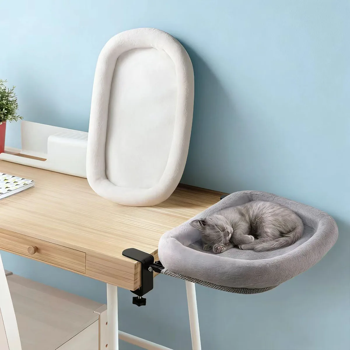 Cat Desk Bed One-Click Folding Sunken Design Space-Saving Oval Cat Desk Hammock Perch For Home Office Indoor Cats