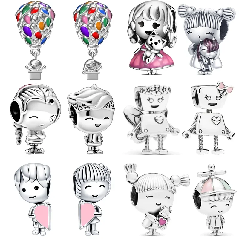 925 Sterling Silver Bracelet Charms para mulheres, contas DIY, doce, adorável, rosa, coração, robô,