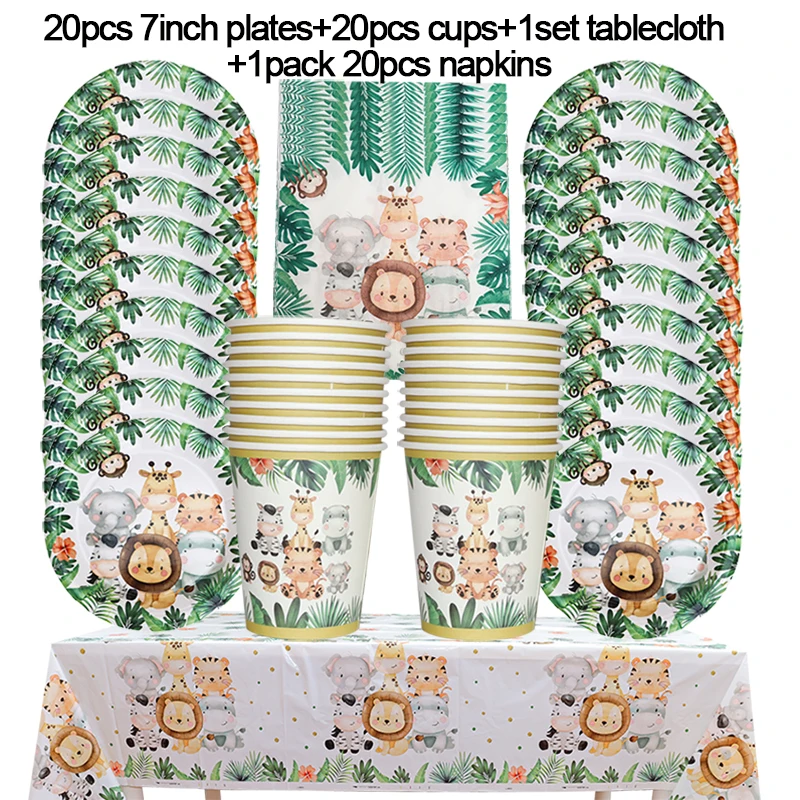 Jungle Verjaardag Decoratie Dieren Wegwerp Feestservies Set Wild One Woodland Safari Verjaardagsfeestje Babyshower Benodigdheden