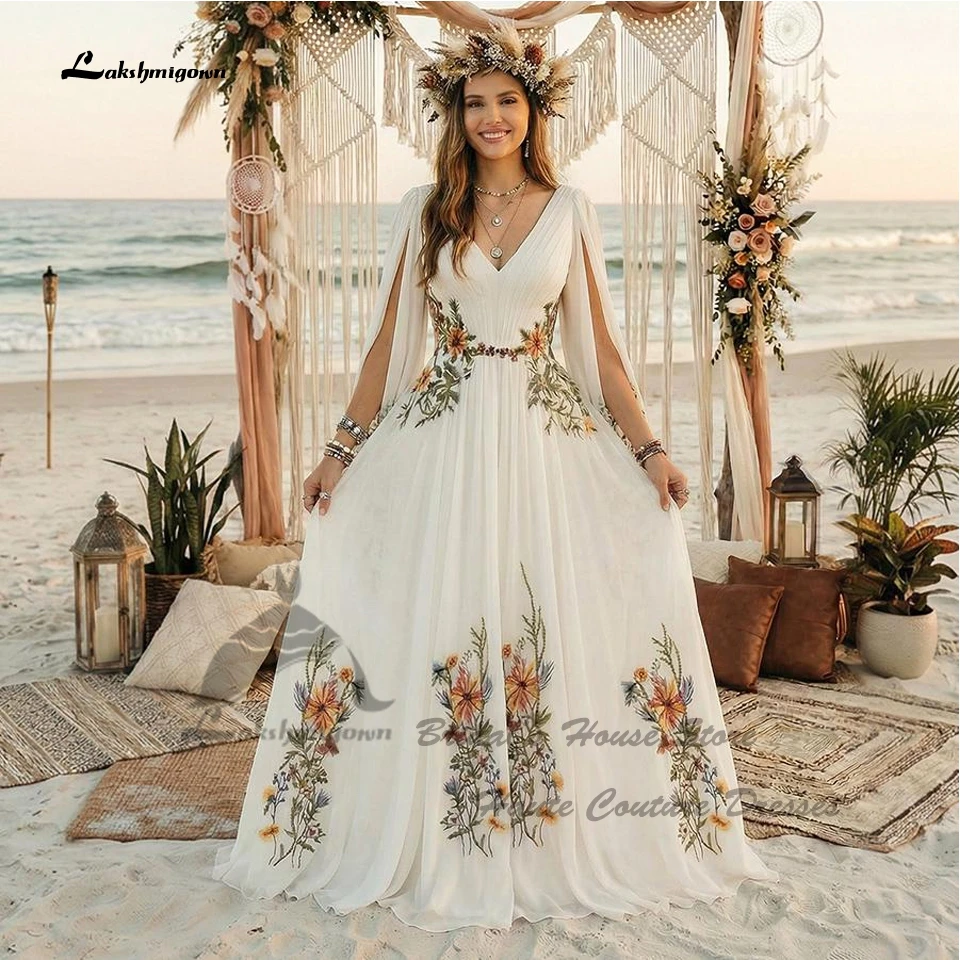 Lakshmigown Floral Lace Boho Wedding Dress Long Bell Sleeves 2026 Civil A Line Chiffon Beach Bridal Gowns Backless Customized