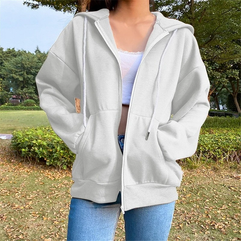 Autumn Solid Color Women Drawstring Sweatshirts Loose Long Sleeve Zipper Pockets Ladies Hoodies Comfortable Zip-up Street Coats