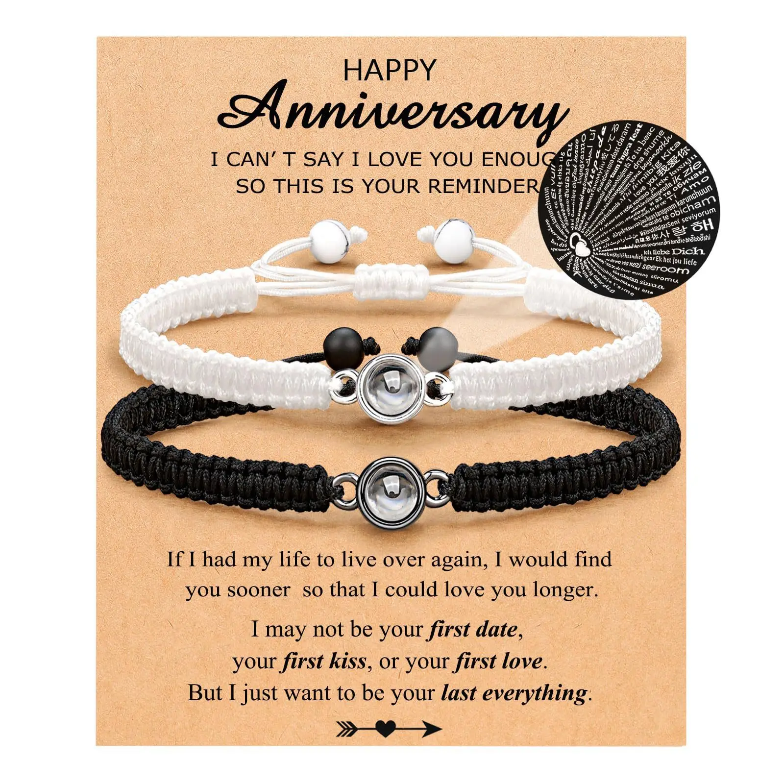 I Love You in 100 Languages.Black and White Set Hand Rope with Card,Couple Bracelet Gifts for Boyfriend Girlfriend - Anniversary