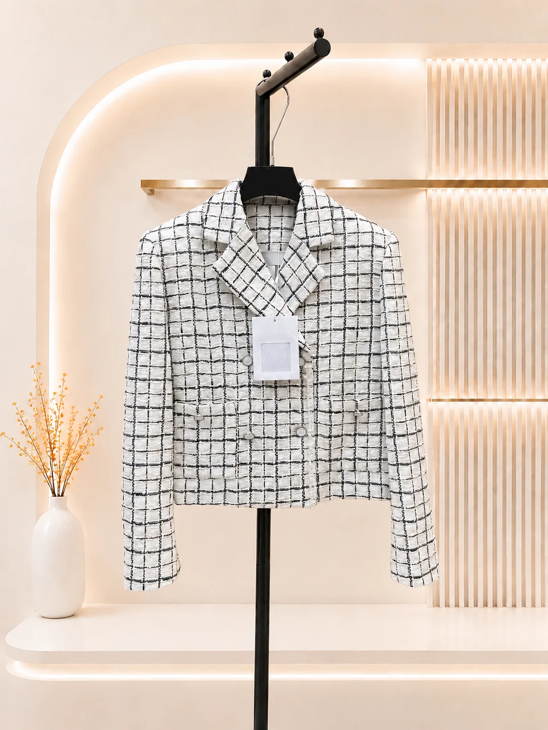 2026 Women Tweed Jacket Plaid Lapel Woven Outerwear Wool Blend Fabric Stereoscopic Texture Coat