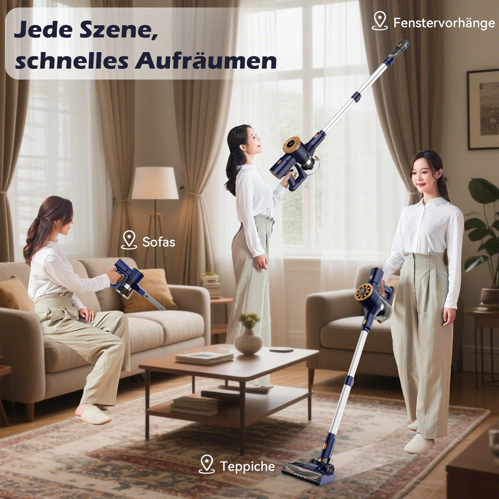 مكنسة Vortisys N9 الكهربائية 55KPA 350W، فلتر 5 في 1، مكنسة كهربائية لاسلكية 55 دقيقة للسجاد وشعر الحيوانات الأليفة