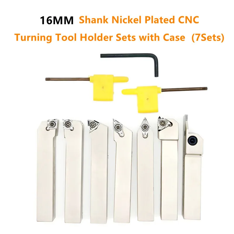 CORIT 7Sets of 16MM Shank Nickel Plated CNC Lathe Turning Tool Holder with Carbide Inserts and Wrenches in Case Set Turning Tool